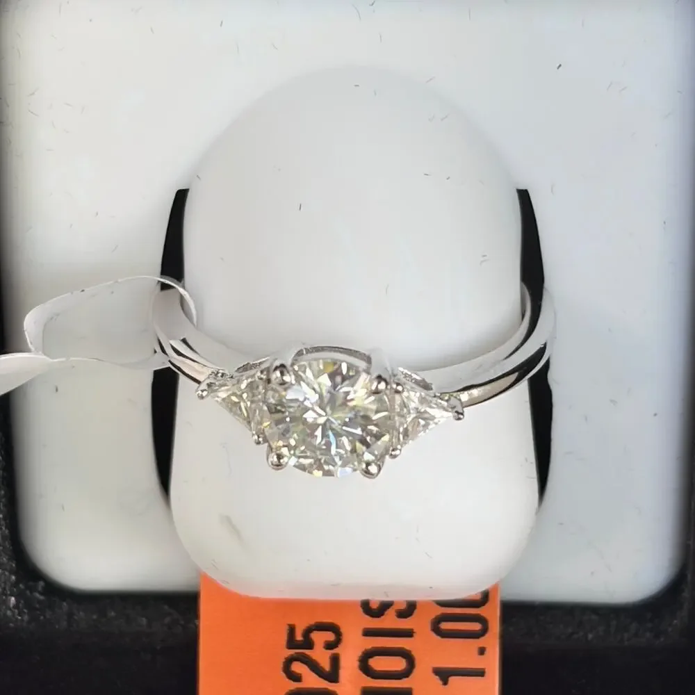 Moissanite 3 Stone Ring w/ Trillion Accents 925 Sterling Silver Size 7 NIB